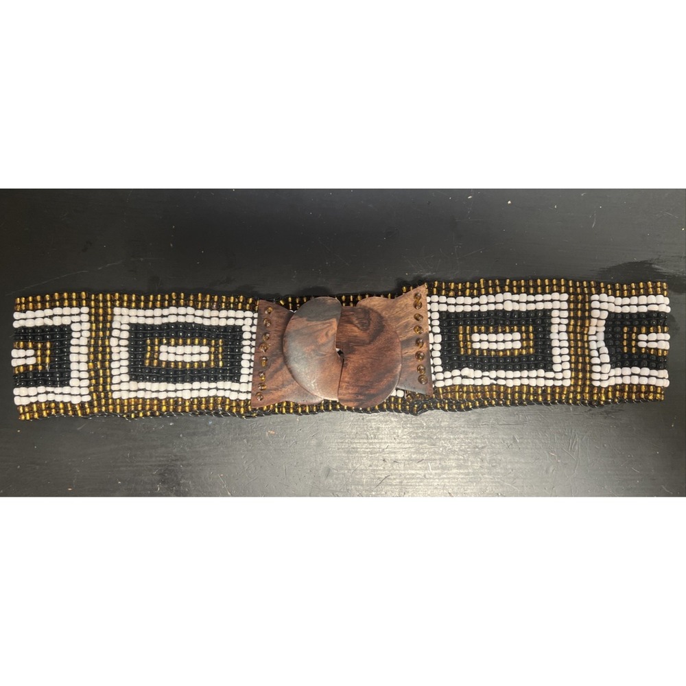 Dian BOHO Beaded Stretch Belt 2" Wide Aztec Wood Clasp